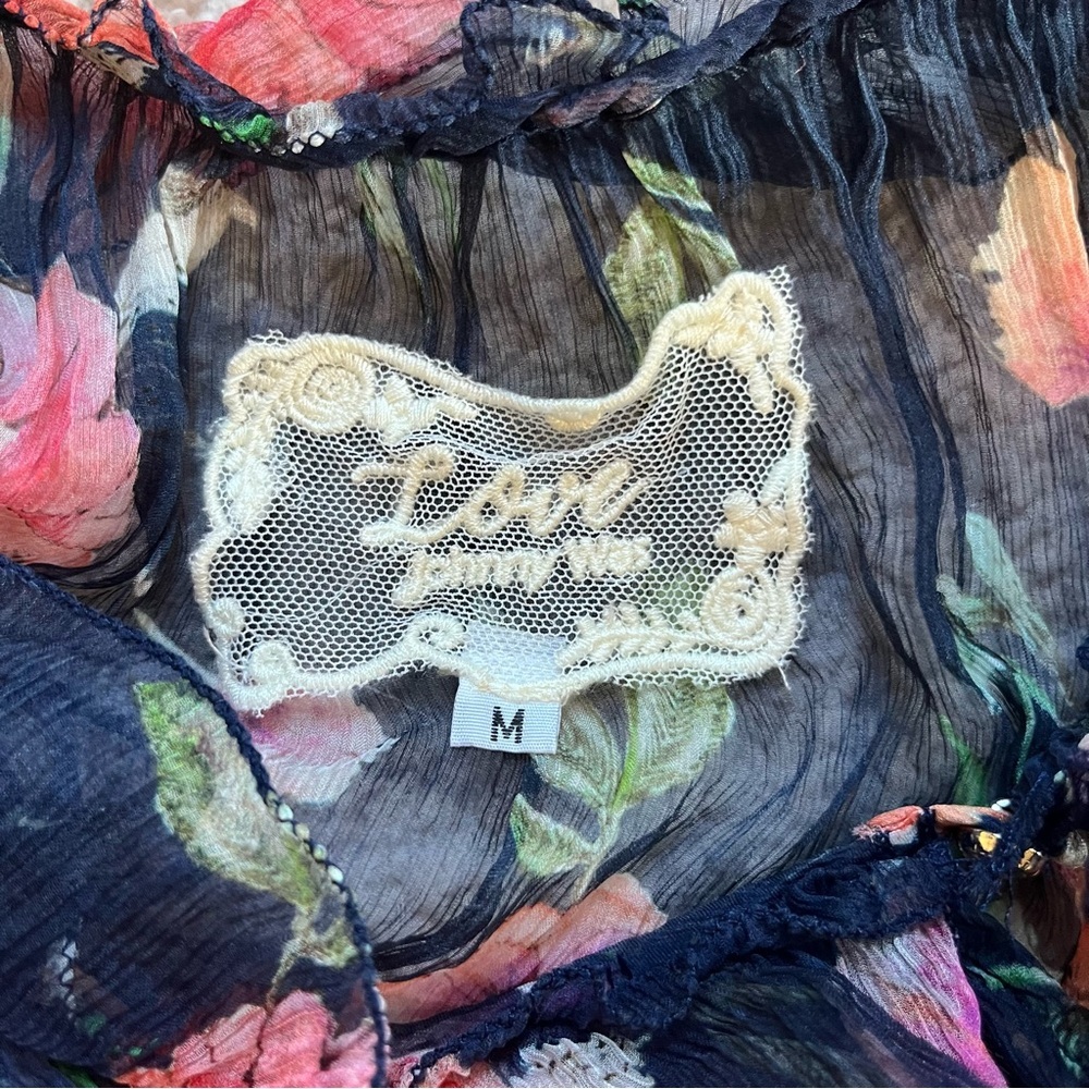 Johnny Was love Desi  100% Silk Top Sz M Floral Sheer Boho Ruffle Tunic peasant - Picture 10 of 11